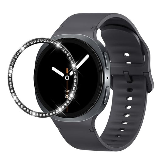For Samsung Galaxy Watch8 44mm Diamond Bezel and Solid Color Stitched Silicone Watch Band(Dark Gray Black) - Watch Bands by buy2fix | Online Shopping UK | buy2fix
