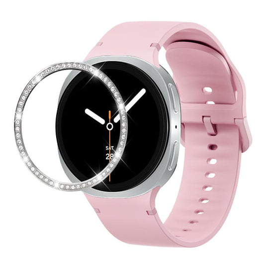 For Samsung Galaxy Watch8 40mm Diamond Bezel and Solid Color Stitched Silicone Watch Band(Light Pink Silver) - Watch Bands by buy2fix | Online Shopping UK | buy2fix