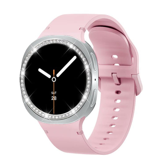 For Samsung Galaxy Watch8 40mm Diamond Bezel and Solid Color Stitched Silicone Watch Band(Light Pink Silver) - Watch Bands by buy2fix | Online Shopping UK | buy2fix