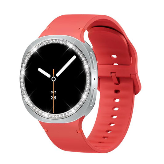 For Samsung Galaxy Watch8 40mm Diamond Bezel and Solid Color Stitched Silicone Watch Band(Red Silver) - Watch Bands by buy2fix | Online Shopping UK | buy2fix
