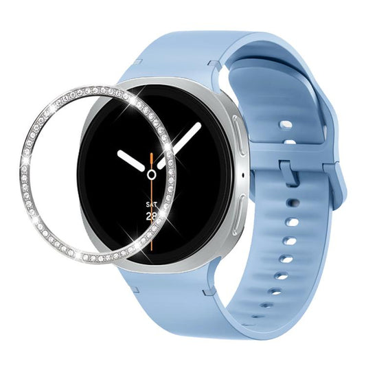 For Samsung Galaxy Watch8 40mm Diamond Bezel and Solid Color Stitched Silicone Watch Band(Light Blue Silver) - Watch Bands by buy2fix | Online Shopping UK | buy2fix