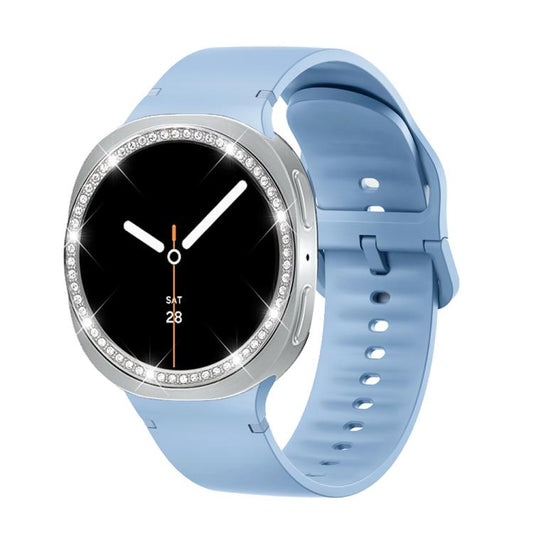 For Samsung Galaxy Watch8 40mm Diamond Bezel and Solid Color Stitched Silicone Watch Band(Light Blue Silver) - Watch Bands by buy2fix | Online Shopping UK | buy2fix