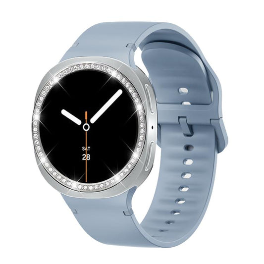 For Samsung Galaxy Watch8 40mm Diamond Bezel and Solid Color Stitched Silicone Watch Band(Jewel Blue Silver) - Watch Bands by buy2fix | Online Shopping UK | buy2fix