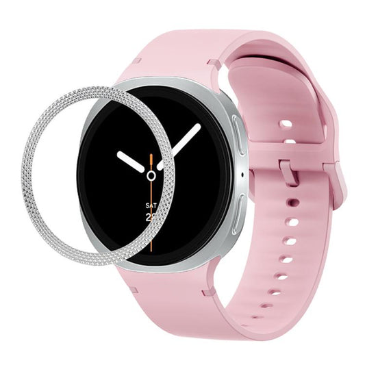 For Samsung Galaxy Watch8 44mm Rhombic Texture Bezel and Solid Color Stitched Silicone Watch Band(Light Pink Silver) - Watch Bands by buy2fix | Online Shopping UK | buy2fix