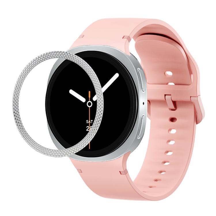 For Samsung Galaxy Watch8 40mm Rhombic Texture Bezel and Solid Color Stitched Silicone Watch Band(Pink Silver) - Watch Bands by buy2fix | Online Shopping UK | buy2fix