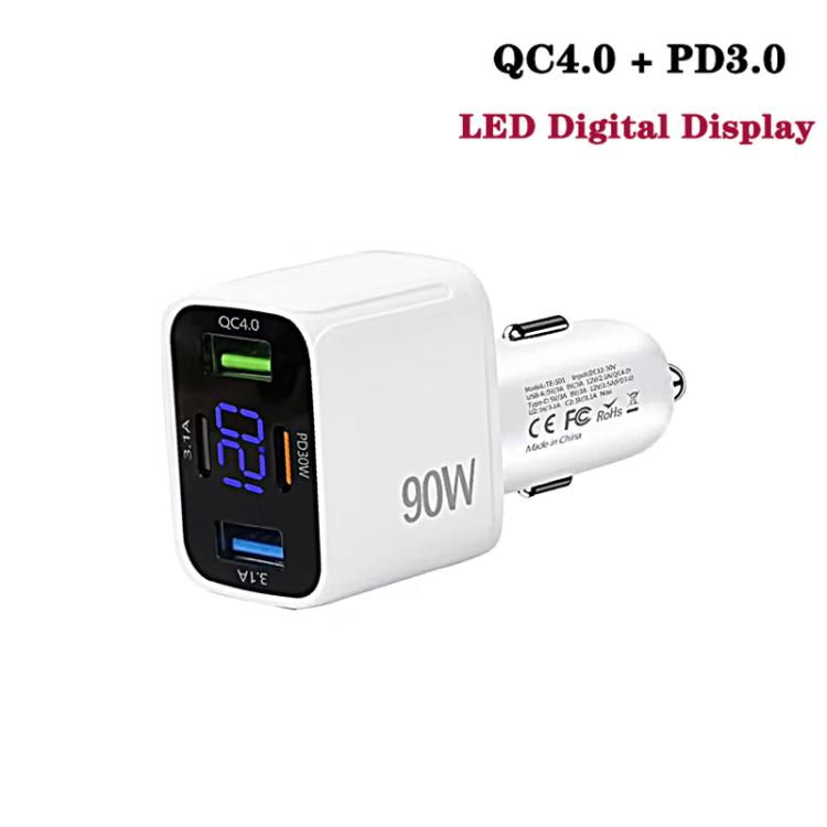 QC4.0 + PD3.0 LED Digital Display Car Charger with Type-C to Type-C / 8 Pin Data Cable(White) - Car Charger by buy2fix | Online Shopping UK | buy2fix