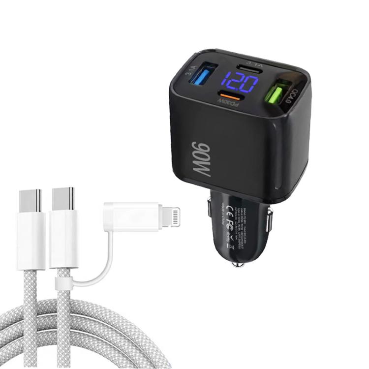 QC4.0 + PD3.0 LED Digital Display Car Charger with Type-C to Type-C / 8 Pin Data Cable(Black) - Car Charger by buy2fix | Online Shopping UK | buy2fix