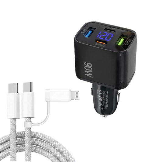 QC4.0 + PD3.0 LED Digital Display Car Charger with Type-C to Type-C / 8 Pin Data Cable(Black) - Car Charger by buy2fix | Online Shopping UK | buy2fix