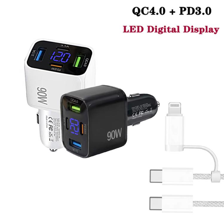 QC4.0 + PD3.0 LED Digital Display Car Charger with Type-C to Type-C / 8 Pin Data Cable(White) - Car Charger by buy2fix | Online Shopping UK | buy2fix