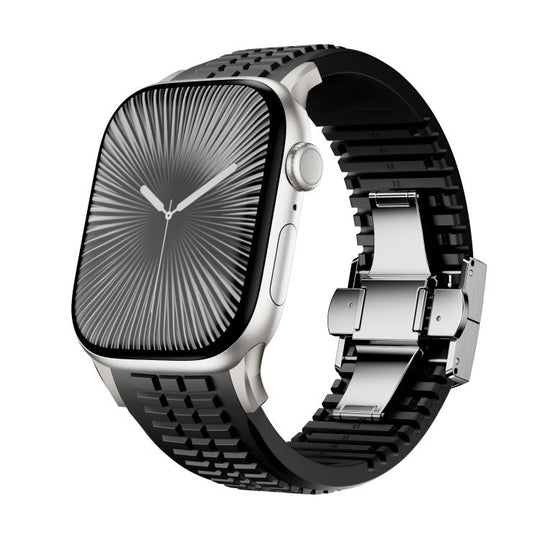 For Apple Watch 46mm / 49mm / 45mm / 44mm Knurled Texture Folding Buckle Silicone Watch Band(Titanium Black)