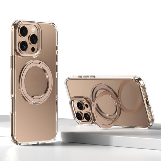 For iPhone 16 Pro Kalebol Rotating Magnetic Holder MagSafe Phone Case(Transparent Gold)
