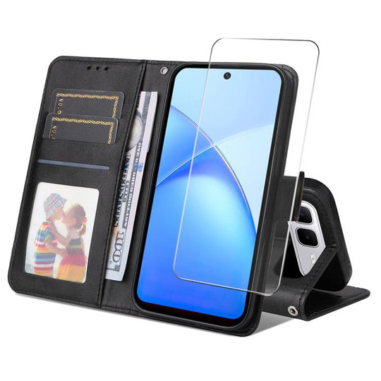For Infinix Smart 10 Plus ENKAY Card Wallet Calf Texture Leather Phone Case with Screen Film(Black)