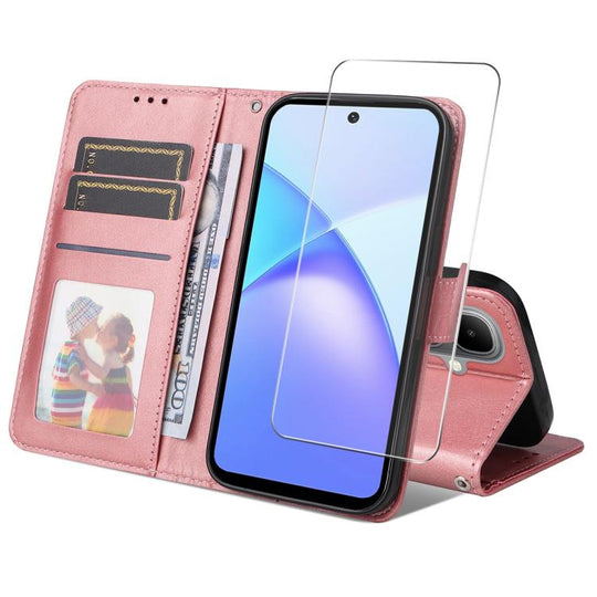For Tecno Pop 10 ENKAY Card Wallet Calf Texture Leather Phone Case with Screen Film(Pink)