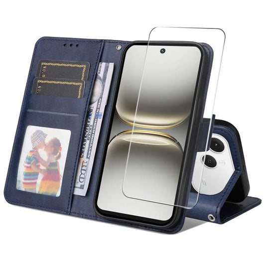For Tecno Spark 40 4G ENKAY Card Wallet Calf Texture Leather Phone Case with Screen Film(Blue)