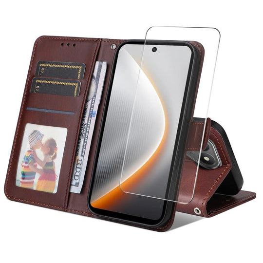 For Tecno Pova 7 5G ENKAY Card Wallet Calf Texture Leather Phone Case with Screen Film(Brown)
