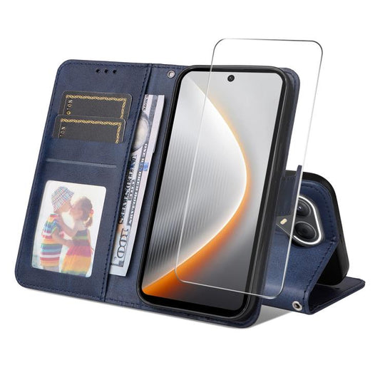 For Tecno Pova 7 Ultra 5G ENKAY Card Wallet Calf Texture Leather Phone Case with Screen Film(Blue)