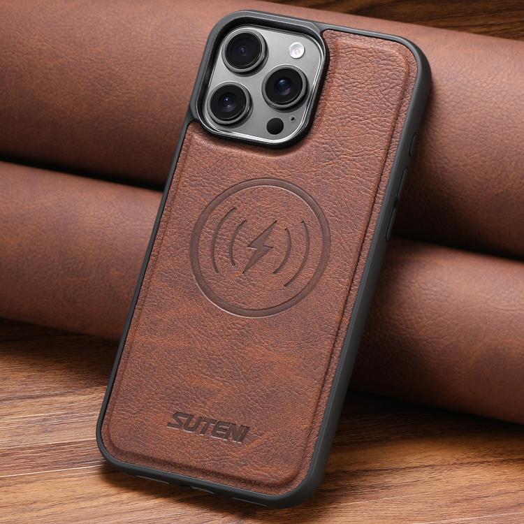 For iPhone 16 Suteni G5 Litchi Leather Magnetic MagSafe Phone Case(Brown) - iPhone 16 Cases by Suteni | Online Shopping UK | buy2fix