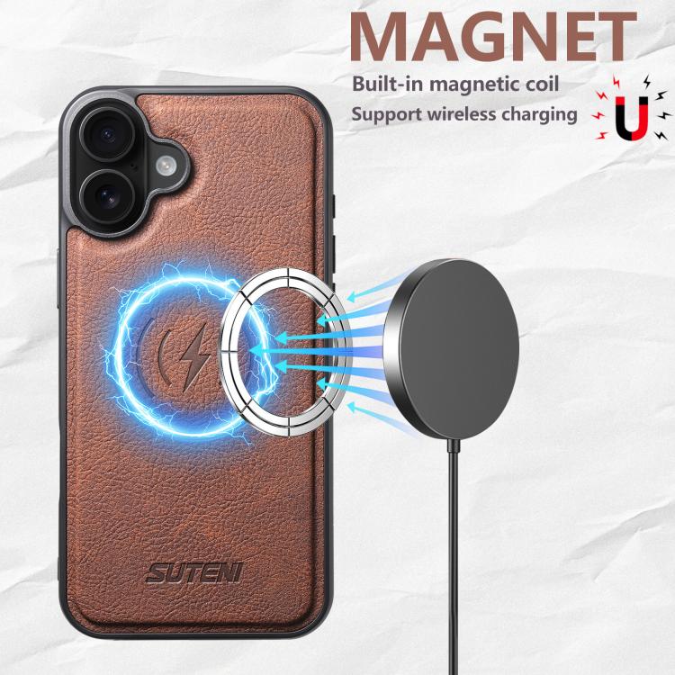For iPhone 16 Suteni G5 Litchi Leather Magnetic MagSafe Phone Case(Brown) - iPhone 16 Cases by Suteni | Online Shopping UK | buy2fix