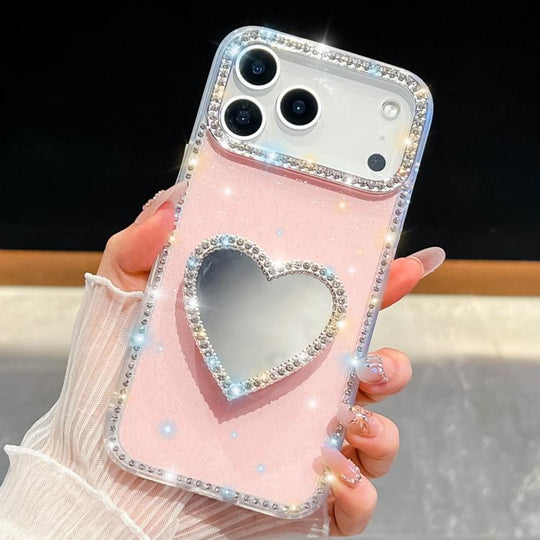 For iPhone 18 Pro Max / 17 Pro Max Diamond Glitter Mirror Heart Holder Phone Case(Light Pink)