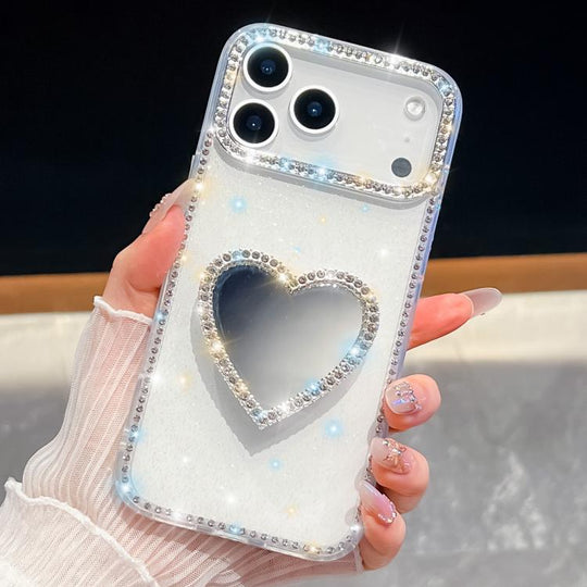 For iPhone 18 Pro Max / 17 Pro Max Diamond Glitter Mirror Heart Holder Phone Case(White)
