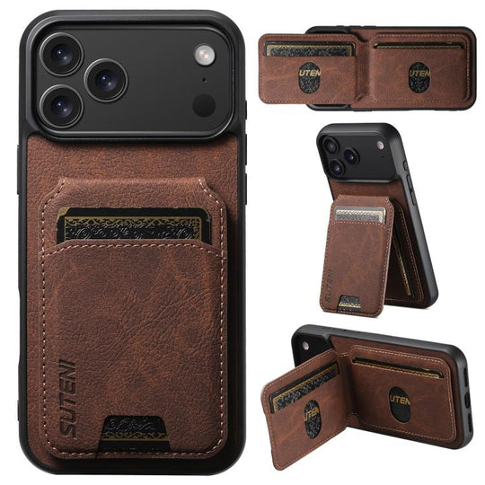 For iPhone 17 Pro Max Suteni H02 Litchi Leather Card Wallet Stand Back Phone Case(Brown)