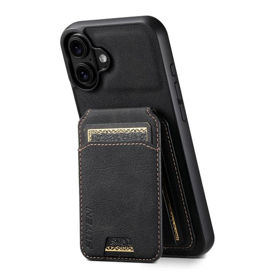 For iPhone 17 Suteni H02 Litchi Leather Card Wallet Stand Back Phone Case(Black)