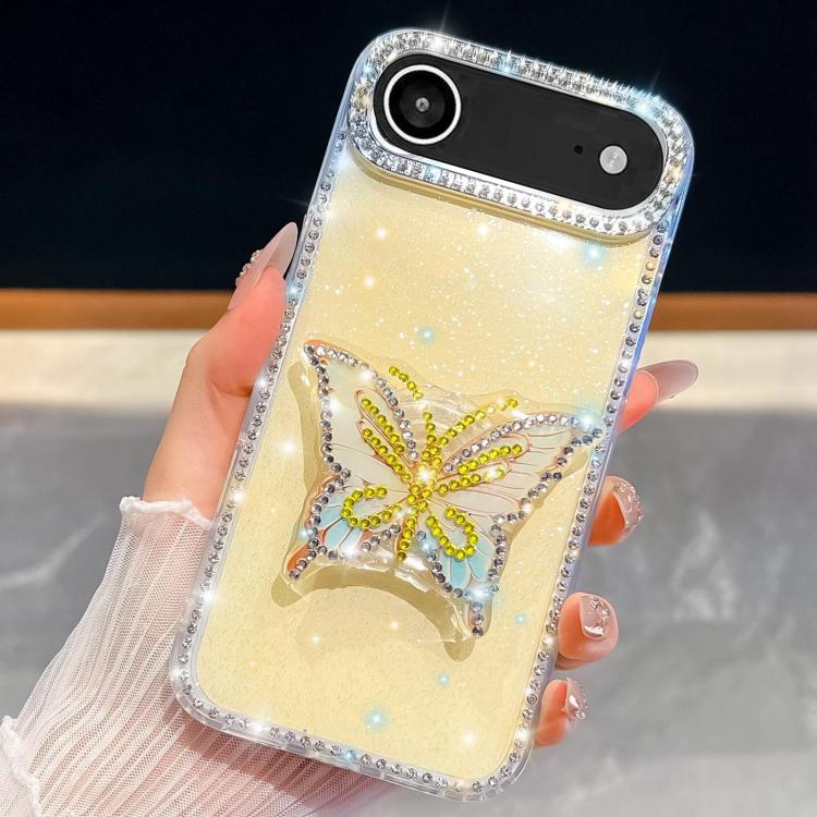 For iPhone Air Diamond Glitter Butterfly Holder Phone Case(Light Yellow) - iPhone Air Cases by buy2fix | Online Shopping UK | buy2fix