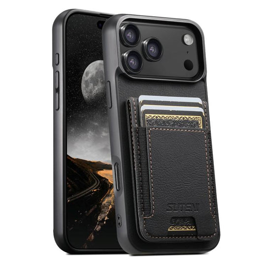 For iPhone 17 Pro Max Suteni H03 Litchi Leather Card Bag Stand Back Phone Case(Black)