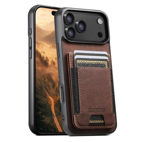 For iPhone 17 Pro Max Suteni H03 Litchi Leather Card Bag Stand Back Phone Case(Brown)