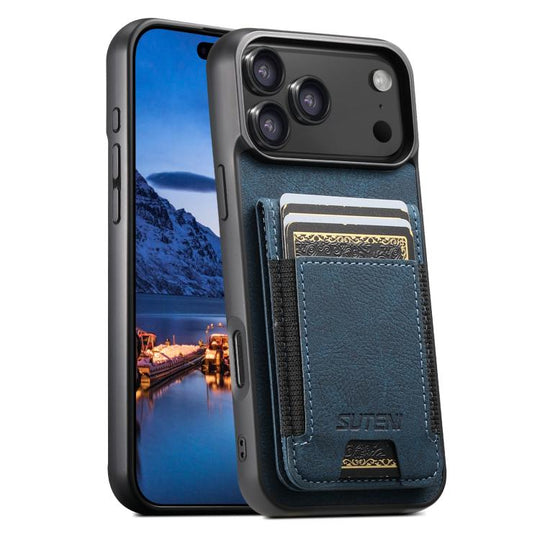 For iPhone 17 Pro Max Suteni H03 Litchi Leather Card Bag Stand Back Phone Case(Blue)