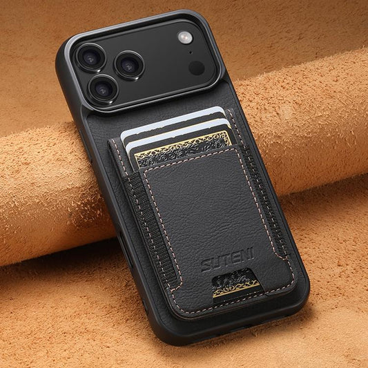For iPhone 17 Pro Suteni H03 Litchi Leather Card Bag Stand Back Phone Case(Black) - iPhone 17 Pro Cases by Suteni | Online Shopping UK | buy2fix