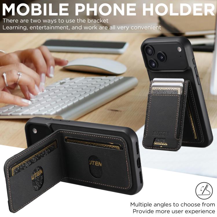 For iPhone 17 Air Suteni H03 Litchi Leather Card Bag Stand Back Phone Case(Black) - iPhone 17 Air Cases by Suteni | Online Shopping UK | buy2fix