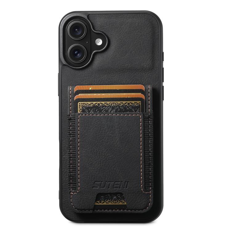 For iPhone 17 Suteni H03 Litchi Leather Card Bag Stand Back Phone Case(Black) - iPhone 17 Cases by Suteni | Online Shopping UK | buy2fix