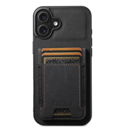 For iPhone 17 Suteni H03 Litchi Leather Card Bag Stand Back Phone Case(Black) - iPhone 17 Cases by Suteni | Online Shopping UK | buy2fix
