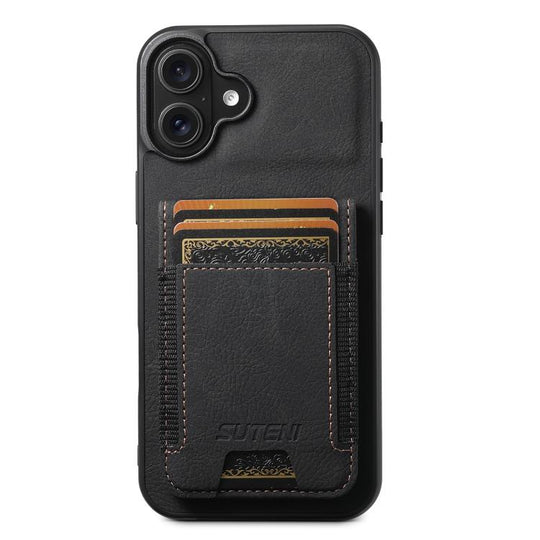 For iPhone 17 Suteni H03 Litchi Leather Card Bag Stand Back Phone Case(Black)
