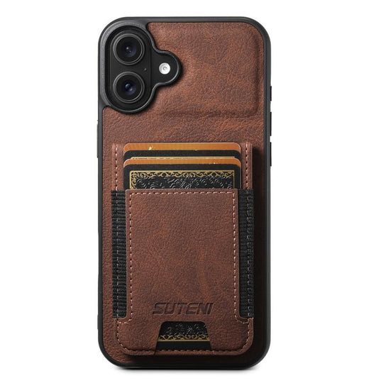 For iPhone 17 Suteni H03 Litchi Leather Card Bag Stand Back Phone Case(Brown)