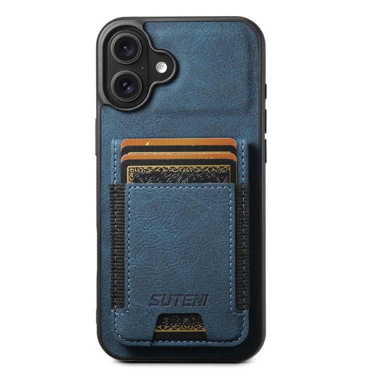 For iPhone 17 Suteni H03 Litchi Leather Card Bag Stand Back Phone Case(Blue)