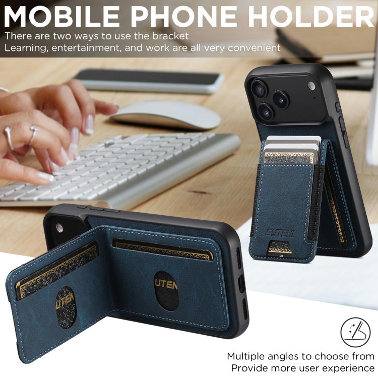 For iPhone 17 Suteni H03 Litchi Leather Card Bag Stand Back Phone Case(Blue) - iPhone 17 Cases by Suteni | Online Shopping UK | buy2fix
