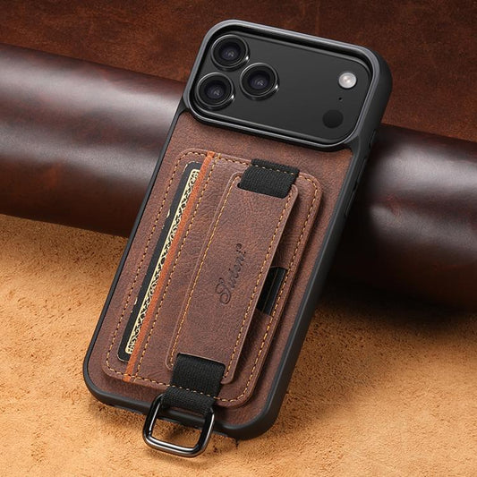 For iPhone 17 Pro Suteni H13 Litchi Leather Wrist Strap Wallet Back Phone Case(Brown) - iPhone 17 Pro Cases by Suteni | Online Shopping UK | buy2fix