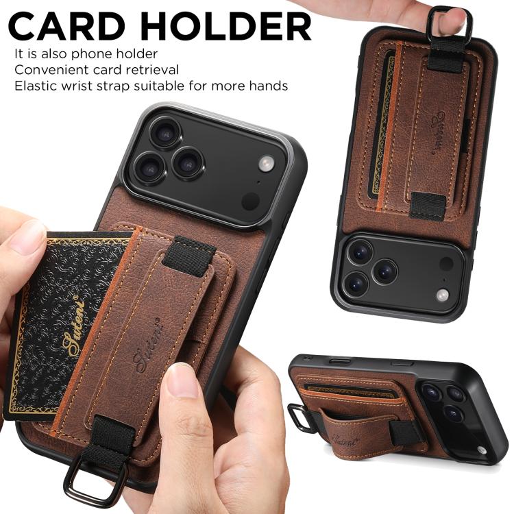 For iPhone 17 Suteni H13 Litchi Leather Wrist Strap Wallet Back Phone Case(Brown) - iPhone 17 Cases by Suteni | Online Shopping UK | buy2fix
