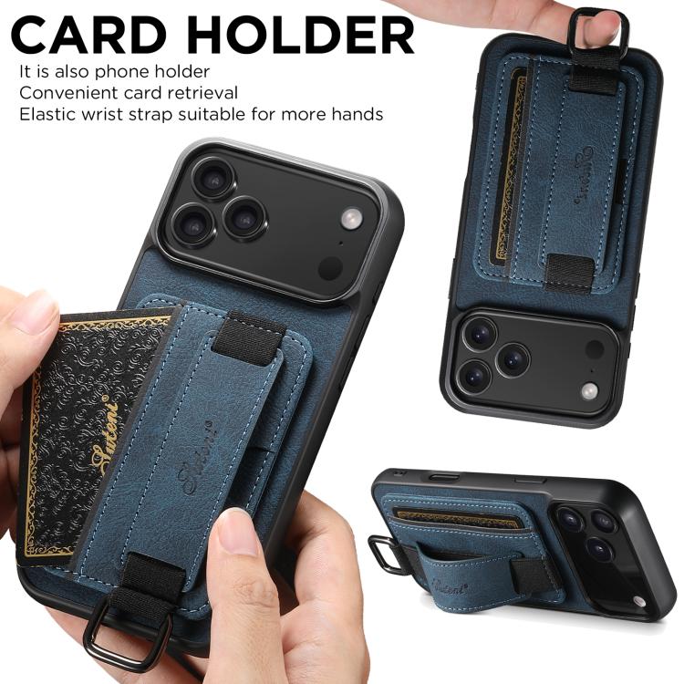 For iPhone 17 Suteni H13 Litchi Leather Wrist Strap Wallet Back Phone Case(Blue) - iPhone 17 Cases by Suteni | Online Shopping UK | buy2fix