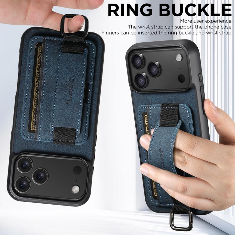For iPhone 17 Suteni H13 Litchi Leather Wrist Strap Wallet Back Phone Case(Blue) - iPhone 17 Cases by Suteni | Online Shopping UK | buy2fix