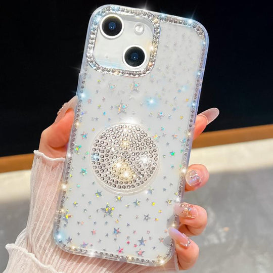 For iPhone 13 Diamond Glitter Diamond Round Holder Phone Case(Transparent Stars)