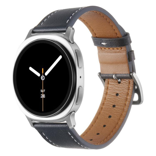 For Galaxy Watch9 / 8 / 8 Classic Stainless Steel Silver Buckle Genuine Leather Watch Band(Midnight Blue)