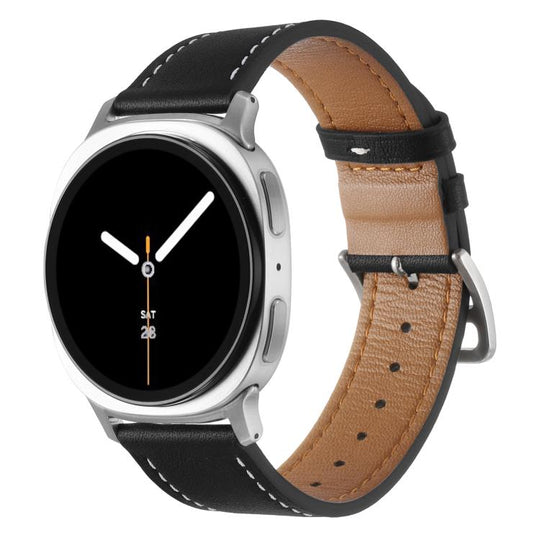 For Galaxy Watch9 / 8 / 8 Classic Stainless Steel Silver Buckle Genuine Leather Watch Band(Black)