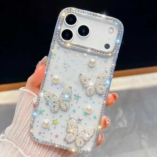 For iPhone 18 Pro Max / 17 Pro Max Diamond Glitter Pearl Butterfly Four-Corner Shockproof Phone Case(Transparent Stars)