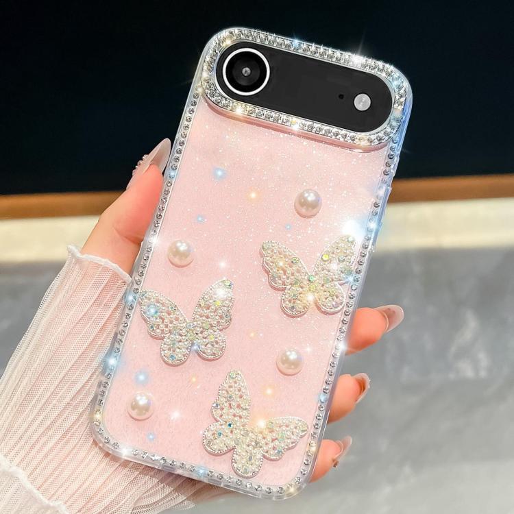 For iPhone Air Diamond Glitter Pearl Butterfly Four-Corner Shockproof Phone Case(Light Pink) - iPhone Air Cases by buy2fix | Online Shopping UK | buy2fix