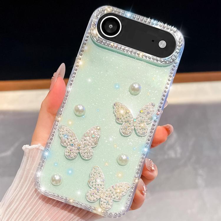 For iPhone Air Diamond Glitter Pearl Butterfly Four-Corner Shockproof Phone Case(Light Green) - iPhone Air Cases by buy2fix | Online Shopping UK | buy2fix