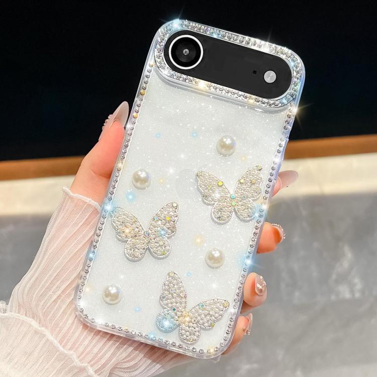 For iPhone Air Diamond Glitter Pearl Butterfly Four-Corner Shockproof Phone Case(White) - iPhone Air Cases by buy2fix | Online Shopping UK | buy2fix