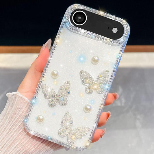For iPhone Air Diamond Glitter Pearl Butterfly Four-Corner Shockproof Phone Case(Transparent) - iPhone Air Cases by buy2fix | Online Shopping UK | buy2fix